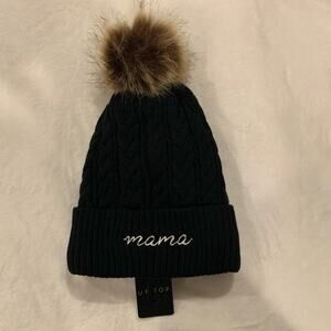 NWT Up Top Women's Knit Black 'Mama' Embroidered Pom Pom Beanie Hat